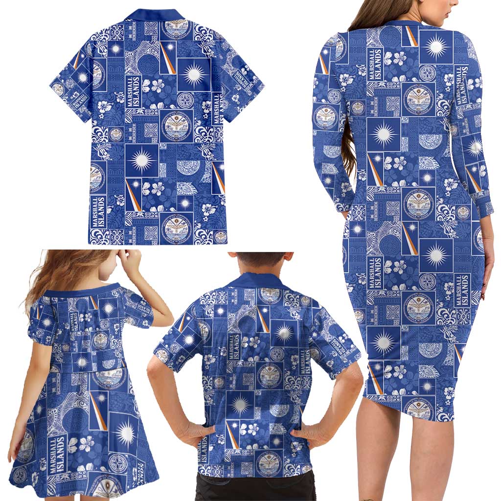Marshall Islands Merry Christmas Family Matching Long Sleeve Bodycon Dress and Hawaiian Shirt Pacific Patchwork Xmas Vibes - Polynesian Pride