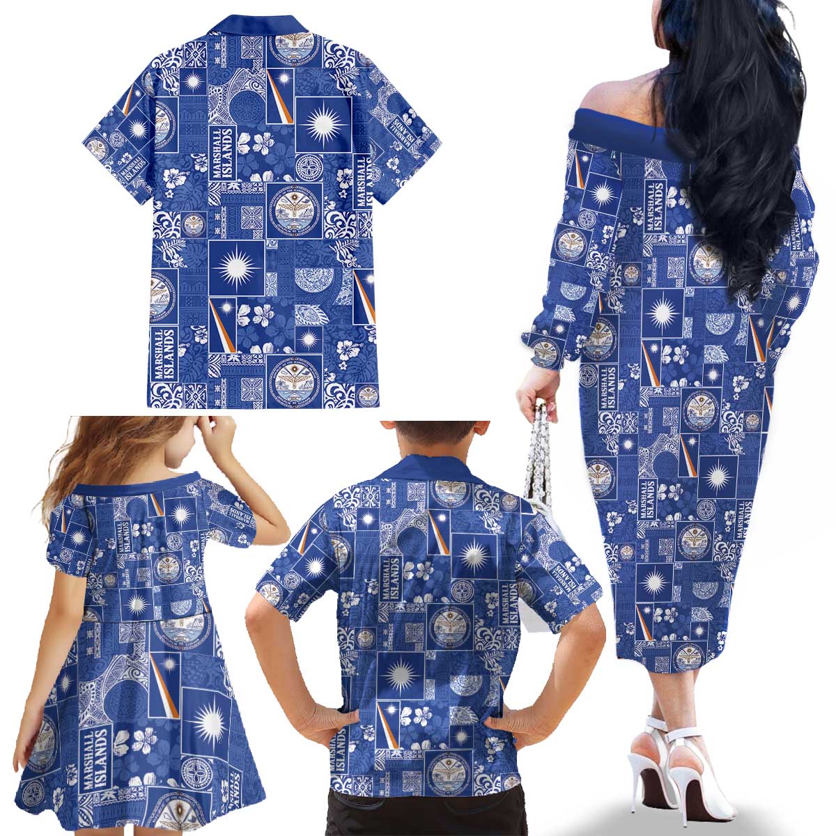 Marshall Islands Merry Christmas Family Matching Off The Shoulder Long Sleeve Dress and Hawaiian Shirt Pacific Patchwork Xmas Vibes - Polynesian Pride