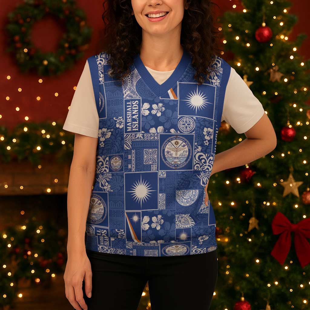 Marshall Islands Merry Christmas Knitted V-Neck Vest Pacific Patchwork Xmas Vibes - Polynesian Pride
