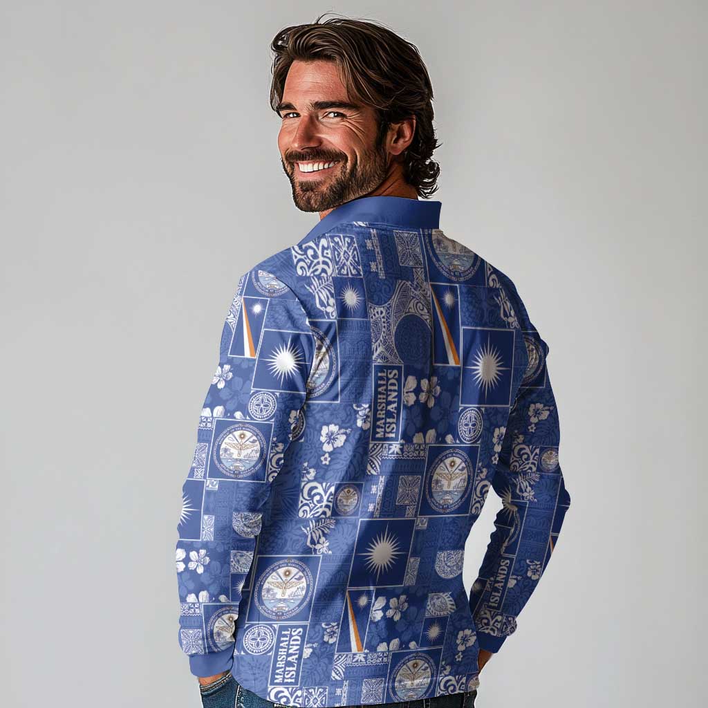 Marshall Islands Merry Christmas Long Sleeve Polo Shirt Pacific Patchwork Xmas Vibes - Polynesian Pride