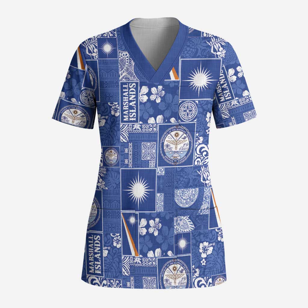 Marshall Islands Merry Christmas Scrub Top Pacific Patchwork Xmas Vibes - Polynesian Pride