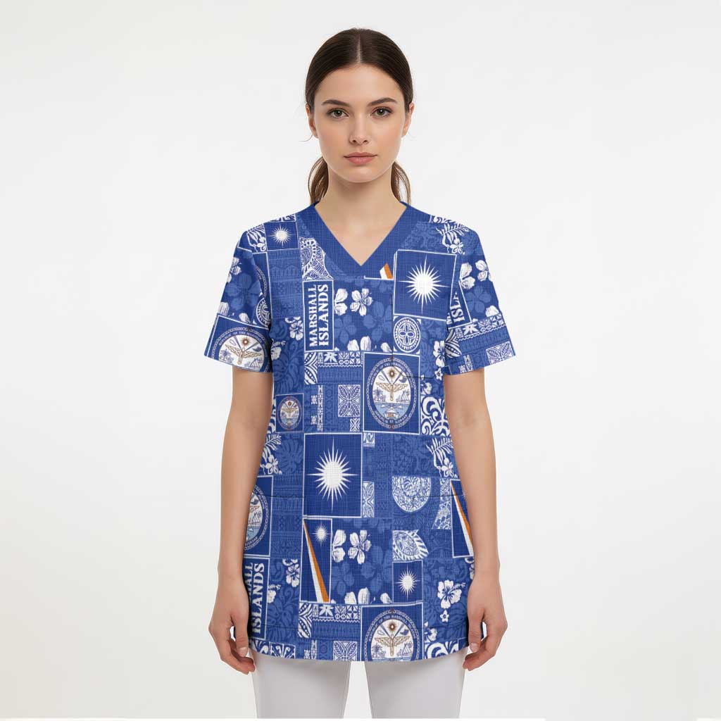 Marshall Islands Merry Christmas Scrub Top Pacific Patchwork Xmas Vibes - Polynesian Pride