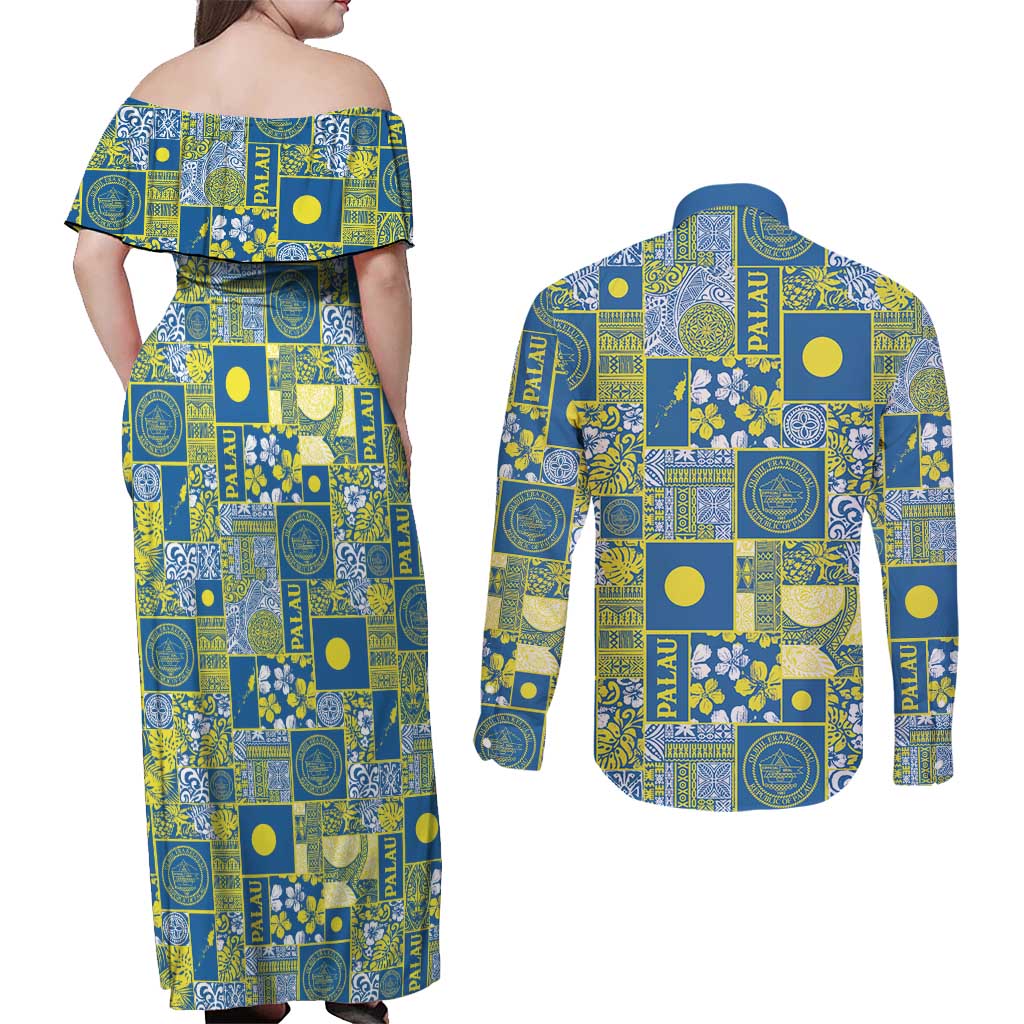 Palau Ungil Kurismas Couples Matching Off Shoulder Maxi Dress and Long Sleeve Button Shirt Pacific Patchwork Xmas Vibes - Polynesian Pride