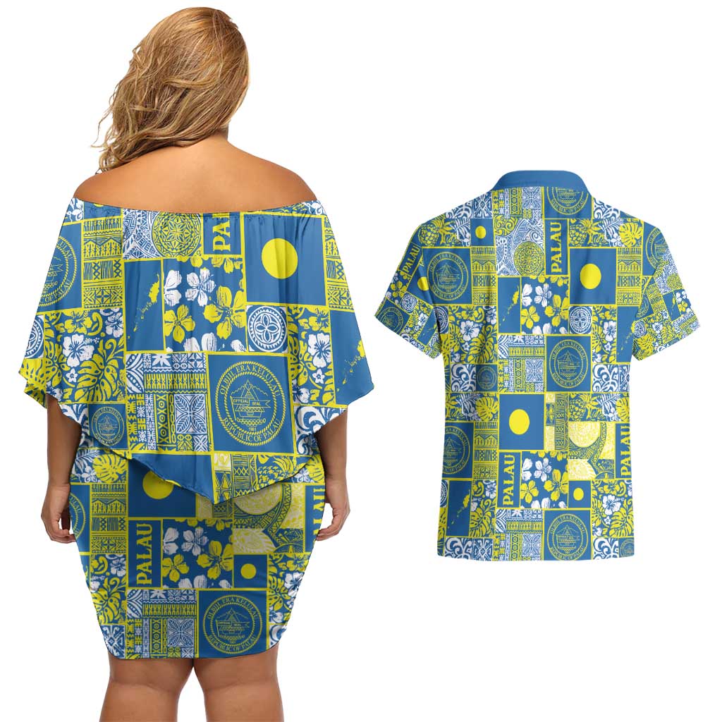 Palau Ungil Kurismas Couples Matching Off Shoulder Short Dress and Hawaiian Shirt Pacific Patchwork Xmas Vibes - Polynesian Pride