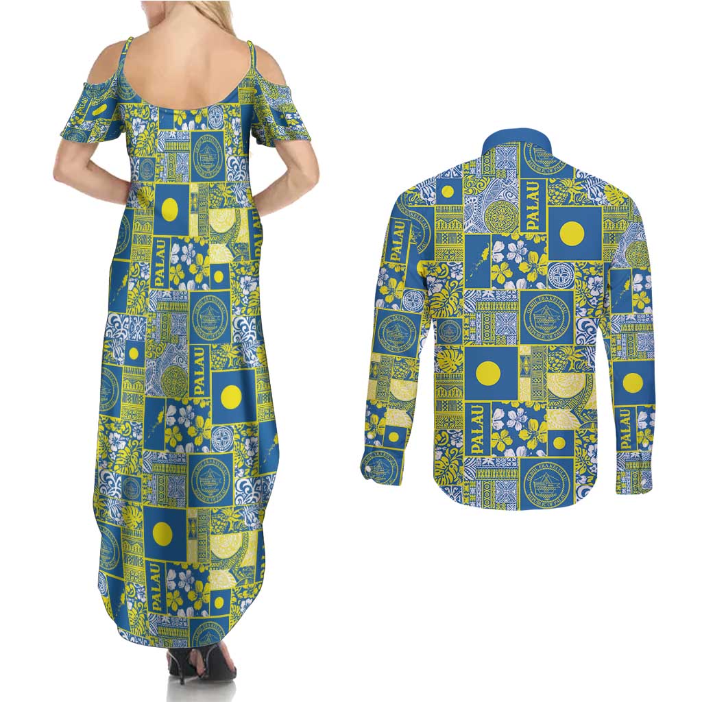 Palau Ungil Kurismas Couples Matching Summer Maxi Dress and Long Sleeve Button Shirt Pacific Patchwork Xmas Vibes - Polynesian Pride