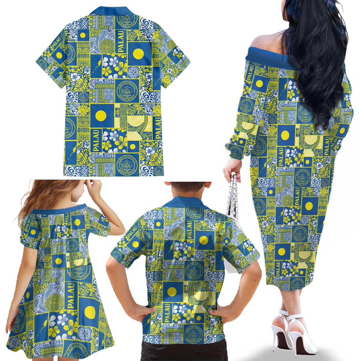 Palau Ungil Kurismas Family Matching Off The Shoulder Long Sleeve Dress and Hawaiian Shirt Pacific Patchwork Xmas Vibes - Polynesian Pride