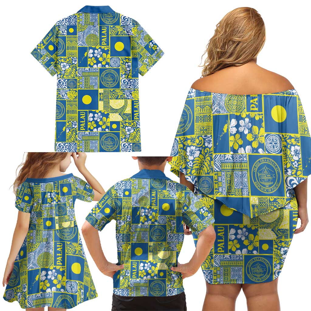 Palau Ungil Kurismas Family Matching Off Shoulder Short Dress and Hawaiian Shirt Pacific Patchwork Xmas Vibes - Polynesian Pride