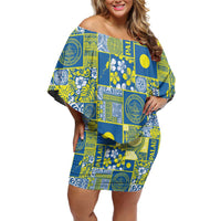 Palau Ungil Kurismas Off Shoulder Short Dress Pacific Patchwork Xmas Vibes - Polynesian Pride