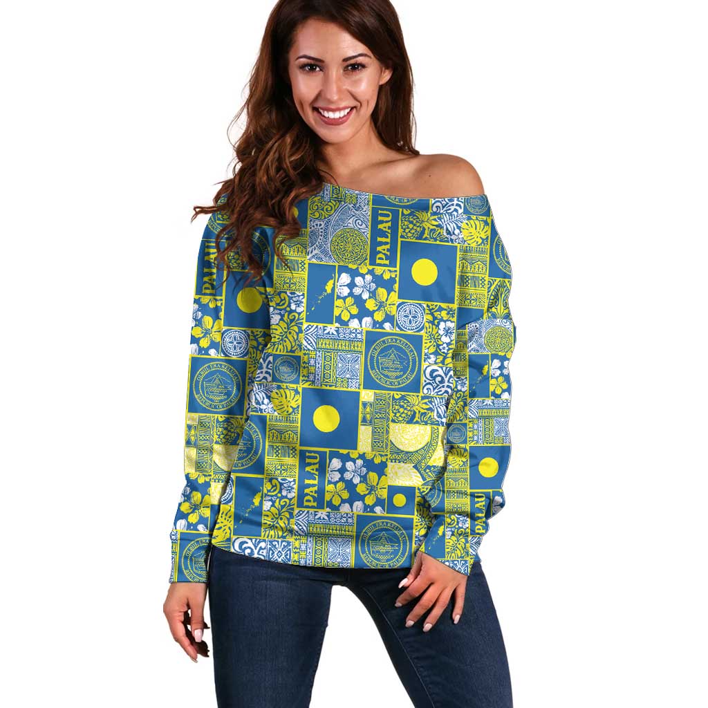 Palau Ungil Kurismas Off Shoulder Sweater Pacific Patchwork Xmas Vibes - Polynesian Pride
