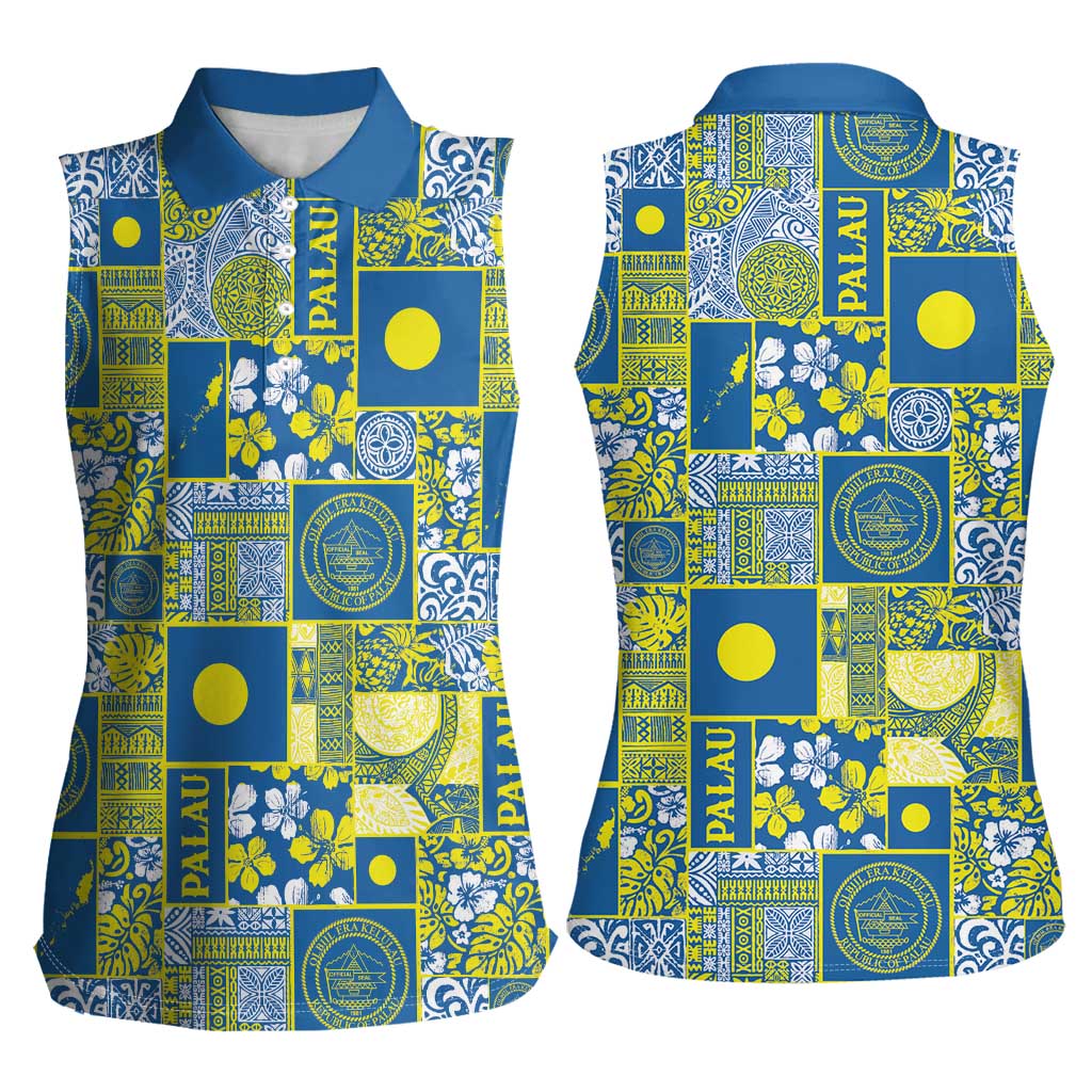 Palau Ungil Kurismas Women Sleeveless Polo Shirt Pacific Patchwork Xmas Vibes - Polynesian Pride