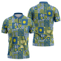 Palau Ungil Kurismas Zipper Polo Shirt Pacific Patchwork Xmas Vibes - Polynesian Pride
