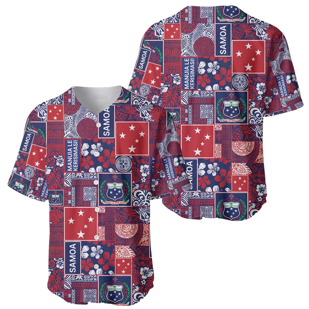 Red Samoa Manuia Le Kerisimasi Baseball Jersey Pacific Patchwork Xmas Vibes - Polynesian Pride