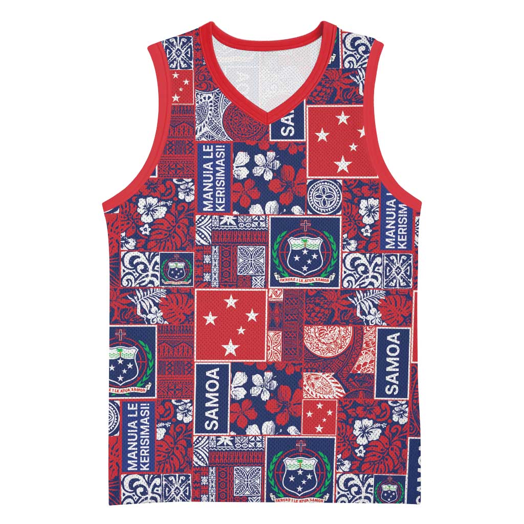 Red Samoa Manuia Le Kerisimasi Basketball Jersey Pacific Patchwork Xmas Vibes LT9 Unisex Red - Polynesian Pride