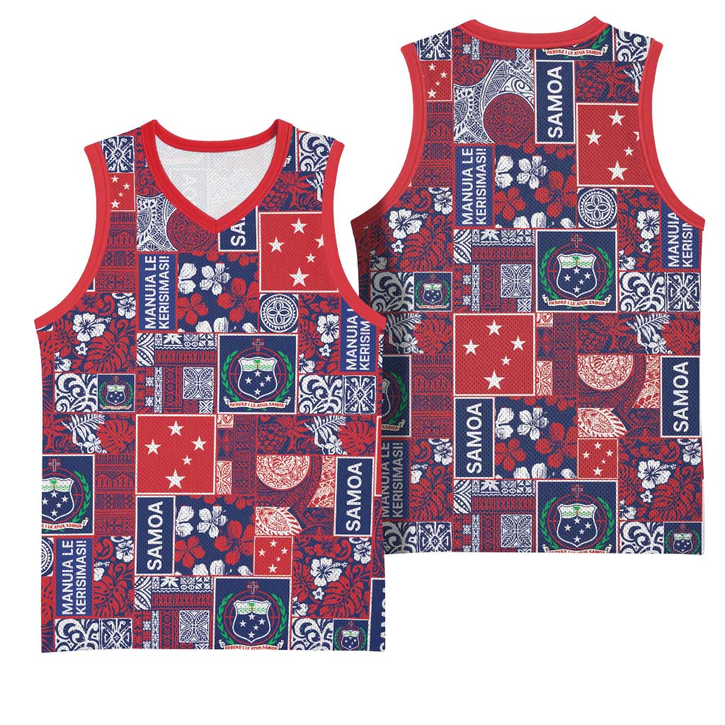 Red Samoa Manuia Le Kerisimasi Basketball Jersey Pacific Patchwork Xmas Vibes LT9 - Polynesian Pride