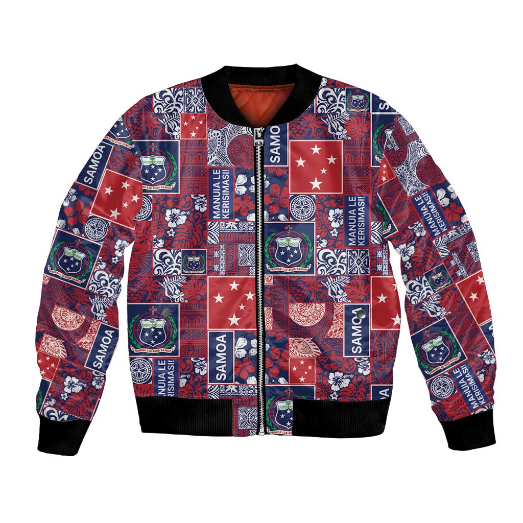 Red Samoa Manuia Le Kerisimasi Bomber Jacket Pacific Patchwork Xmas Vibes LT9 Unisex Red - Polynesian Pride