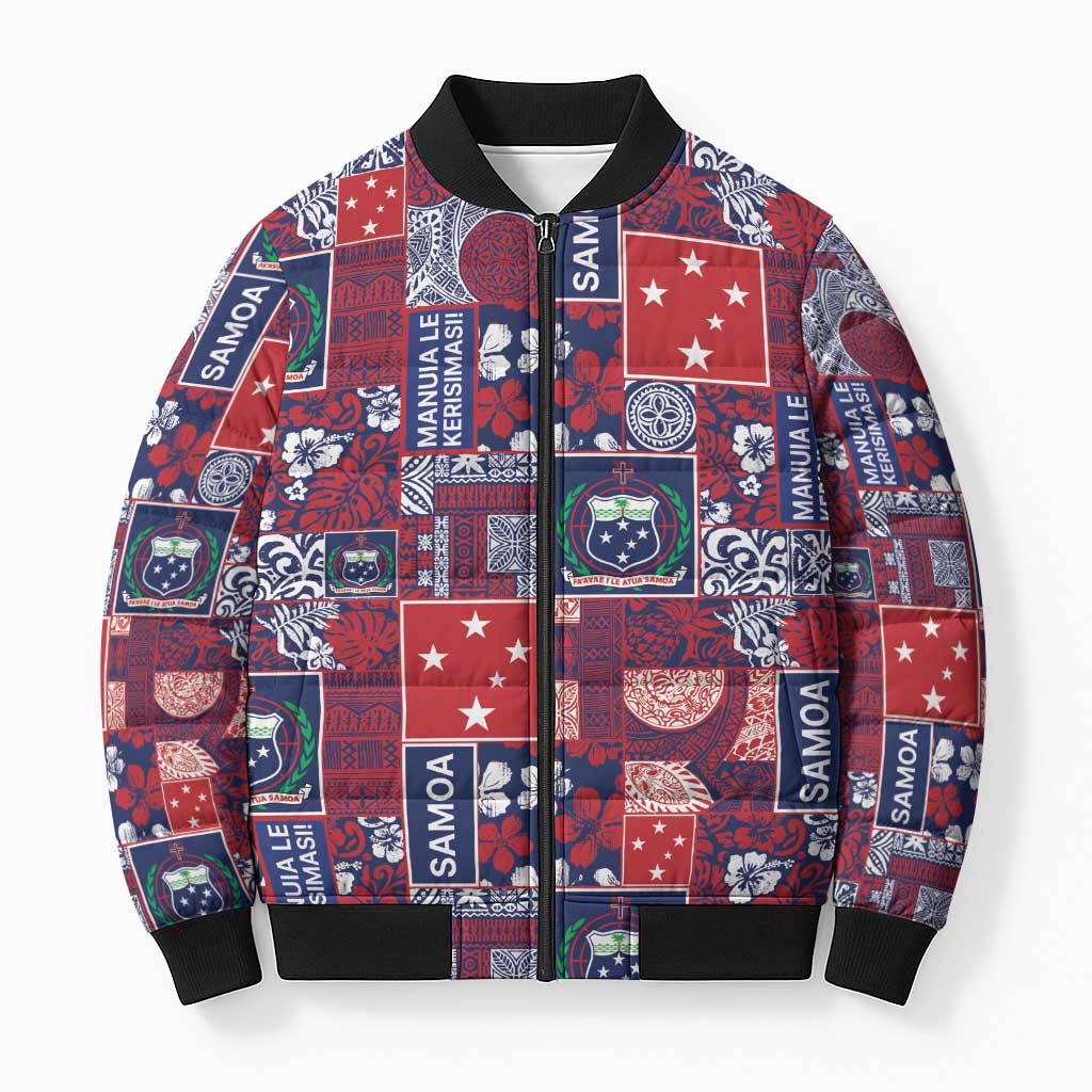 Red Samoa Manuia Le Kerisimasi Bomber Puffer Jacket Pacific Patchwork Xmas Vibes LT9 Unisex Red - Polynesian Pride