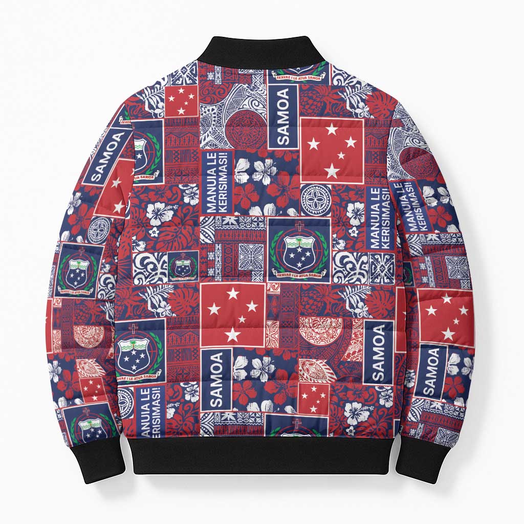 Red Samoa Manuia Le Kerisimasi Bomber Puffer Jacket Pacific Patchwork Xmas Vibes LT9 - Polynesian Pride