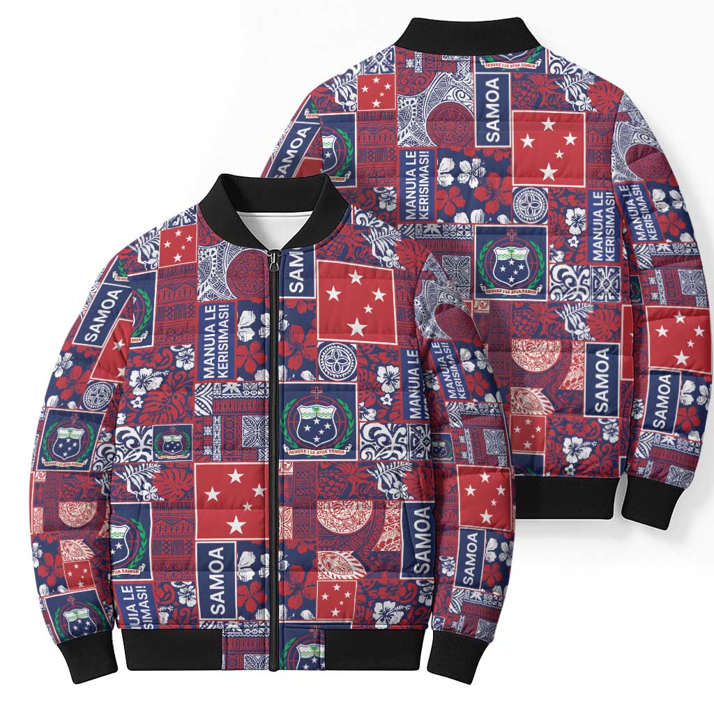 Red Samoa Manuia Le Kerisimasi Bomber Puffer Jacket Pacific Patchwork Xmas Vibes LT9 - Polynesian Pride