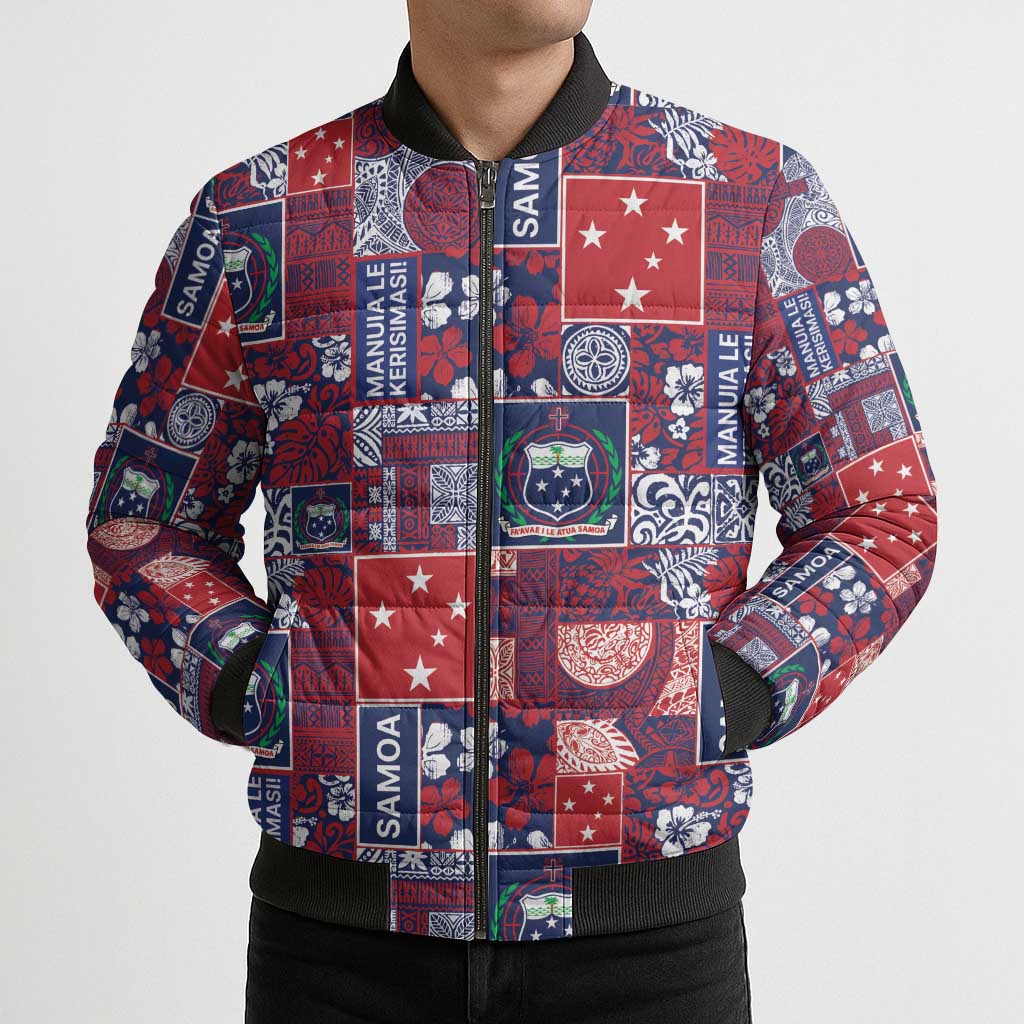 Red Samoa Manuia Le Kerisimasi Bomber Puffer Jacket Pacific Patchwork Xmas Vibes LT9 - Polynesian Pride