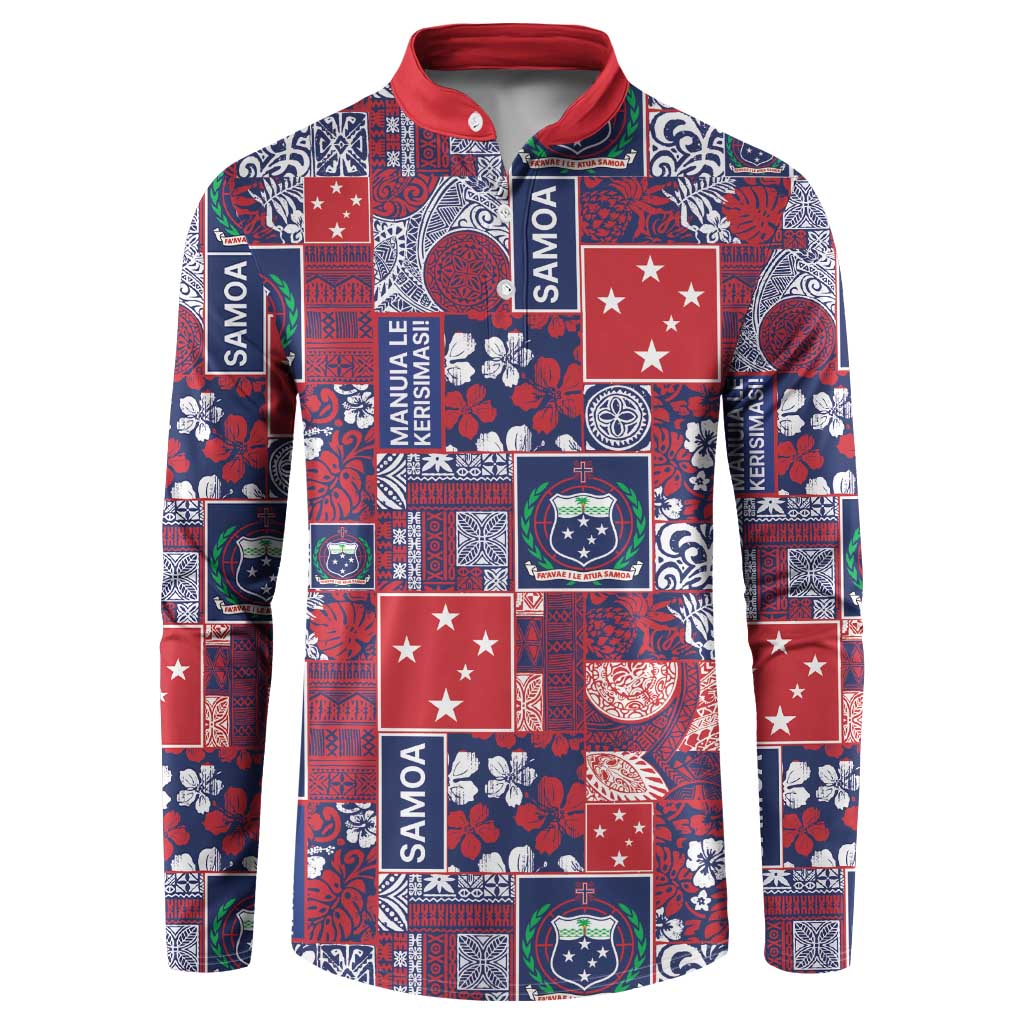 Red Samoa Manuia Le Kerisimasi Button Sweatshirt Pacific Patchwork Xmas Vibes LT9 Red - Polynesian Pride