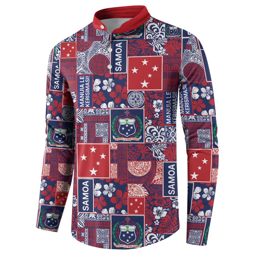 Red Samoa Manuia Le Kerisimasi Button Sweatshirt Pacific Patchwork Xmas Vibes LT9 - Polynesian Pride