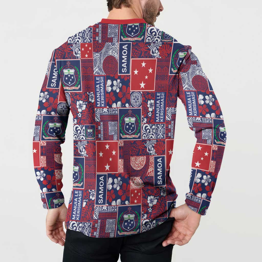 Red Samoa Manuia Le Kerisimasi Button Sweatshirt Pacific Patchwork Xmas Vibes LT9 - Polynesian Pride