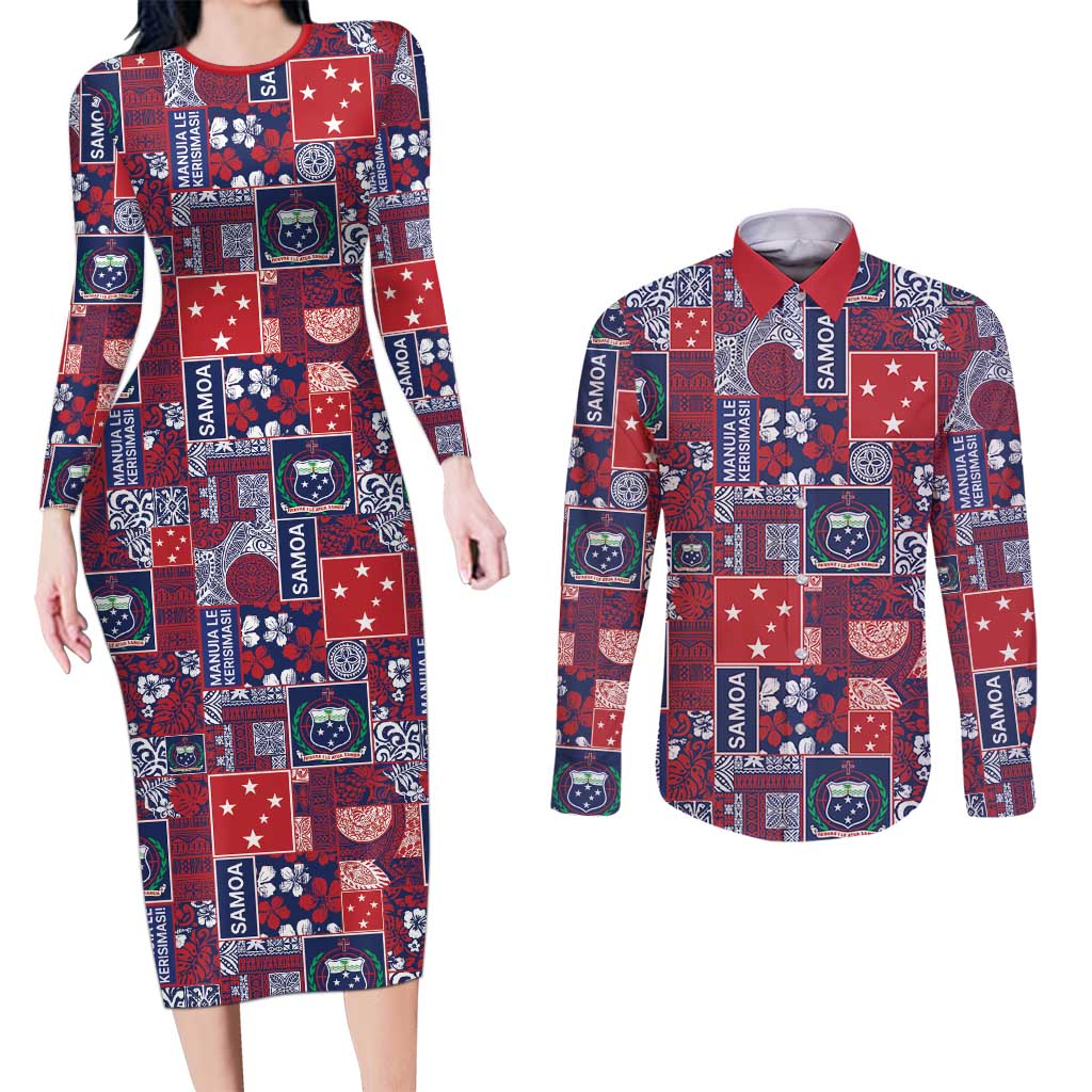 Red Samoa Manuia Le Kerisimasi Couples Matching Long Sleeve Bodycon Dress and Long Sleeve Button Shirt Pacific Patchwork Xmas Vibes LT9 Red - Polynesian Pride