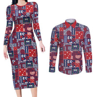 Red Samoa Manuia Le Kerisimasi Couples Matching Long Sleeve Bodycon Dress and Long Sleeve Button Shirt Pacific Patchwork Xmas Vibes LT9 Red - Polynesian Pride