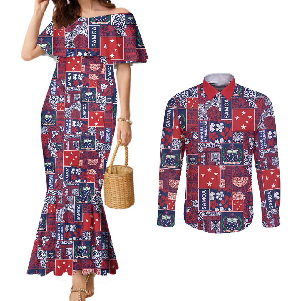 Red Samoa Manuia Le Kerisimasi Couples Matching Mermaid Dress and Long Sleeve Button Shirt Pacific Patchwork Xmas Vibes LT9 Red - Polynesian Pride