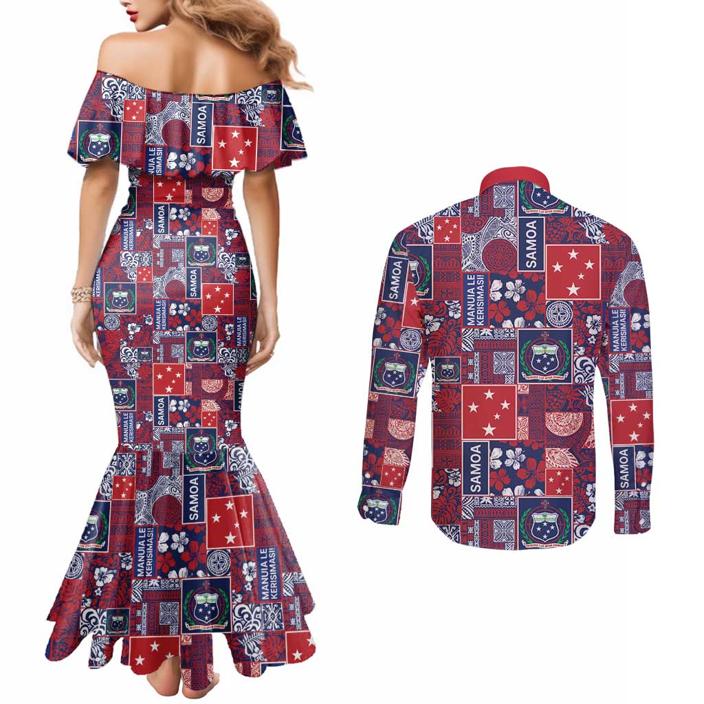 Red Samoa Manuia Le Kerisimasi Couples Matching Mermaid Dress and Long Sleeve Button Shirt Pacific Patchwork Xmas Vibes LT9 - Polynesian Pride
