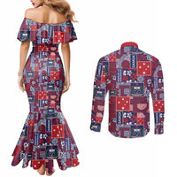 Red Samoa Manuia Le Kerisimasi Couples Matching Mermaid Dress and Long Sleeve Button Shirt Pacific Patchwork Xmas Vibes LT9 - Polynesian Pride