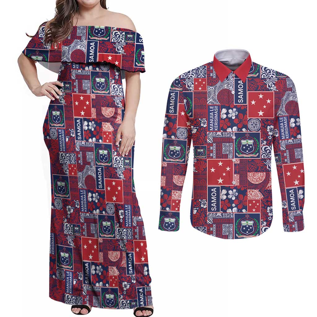 Red Samoa Manuia Le Kerisimasi Couples Matching Off Shoulder Maxi Dress and Long Sleeve Button Shirt Pacific Patchwork Xmas Vibes LT9 Red - Polynesian Pride