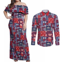 Red Samoa Manuia Le Kerisimasi Couples Matching Off Shoulder Maxi Dress and Long Sleeve Button Shirt Pacific Patchwork Xmas Vibes LT9 Red - Polynesian Pride