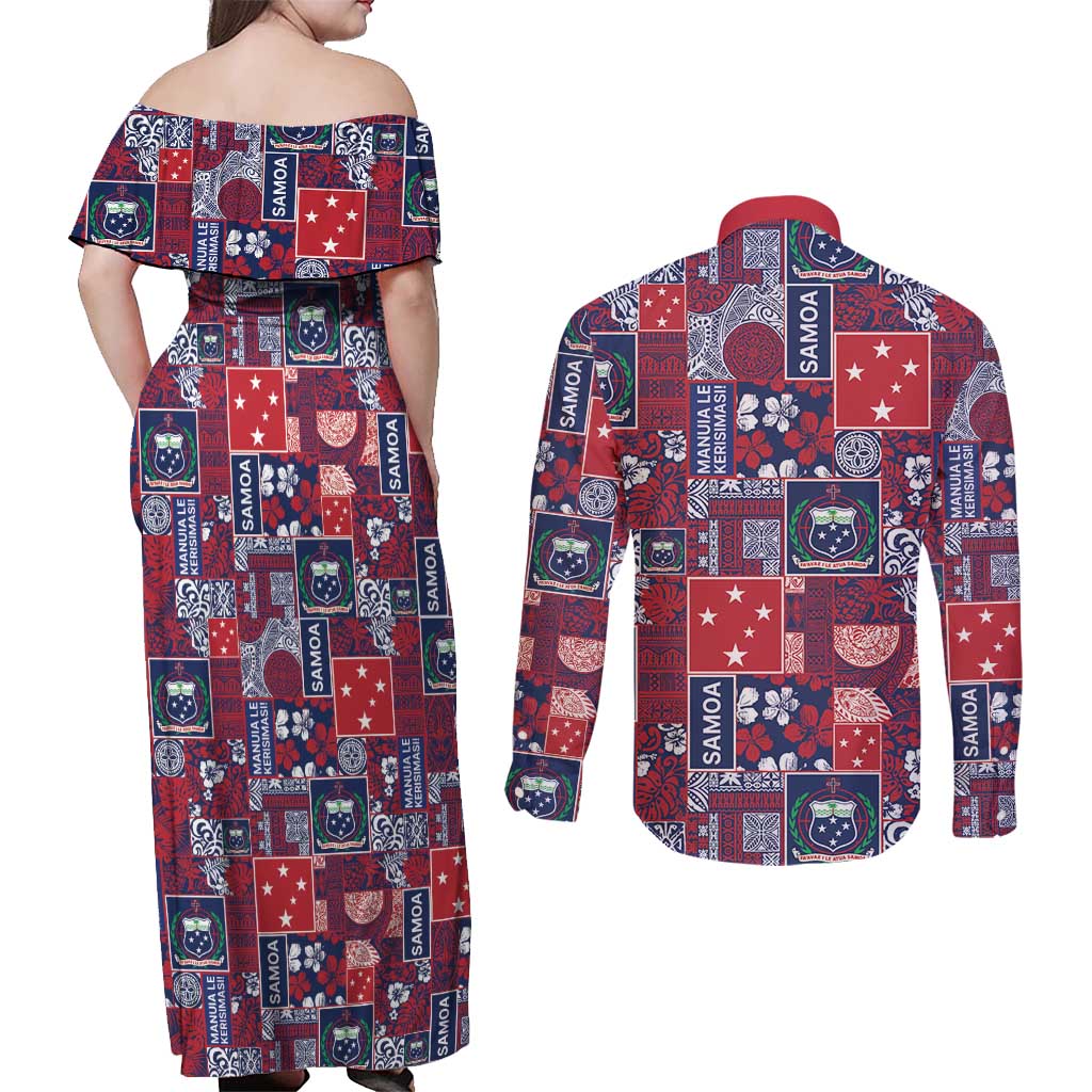 Red Samoa Manuia Le Kerisimasi Couples Matching Off Shoulder Maxi Dress and Long Sleeve Button Shirt Pacific Patchwork Xmas Vibes LT9 - Polynesian Pride