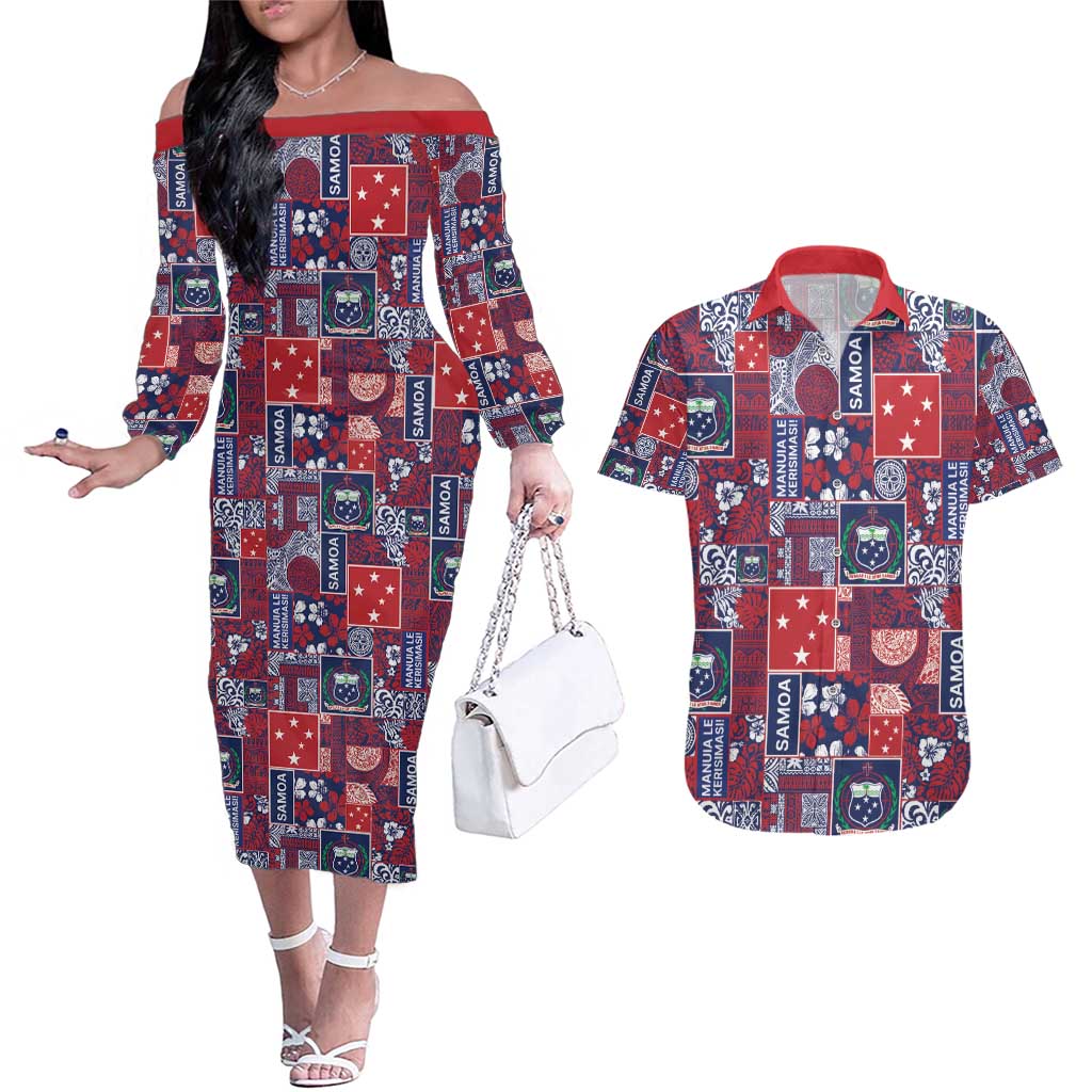 Red Samoa Manuia Le Kerisimasi Couples Matching Off The Shoulder Long Sleeve Dress and Hawaiian Shirt Pacific Patchwork Xmas Vibes - Polynesian Pride