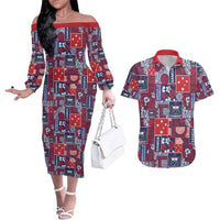 Red Samoa Manuia Le Kerisimasi Couples Matching Off The Shoulder Long Sleeve Dress and Hawaiian Shirt Pacific Patchwork Xmas Vibes - Polynesian Pride