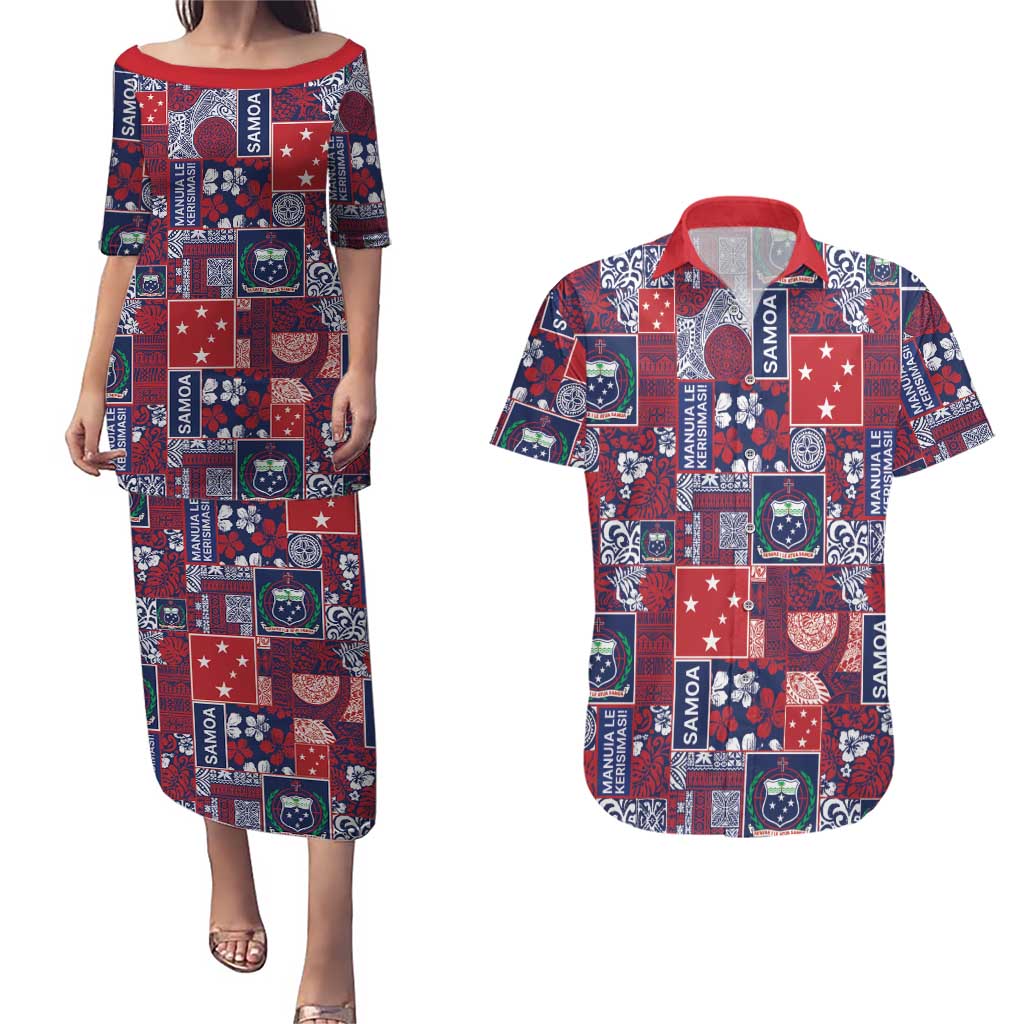 Red Samoa Manuia Le Kerisimasi Couples Matching Puletasi and Hawaiian Shirt Pacific Patchwork Xmas Vibes LT9 Red - Polynesian Pride