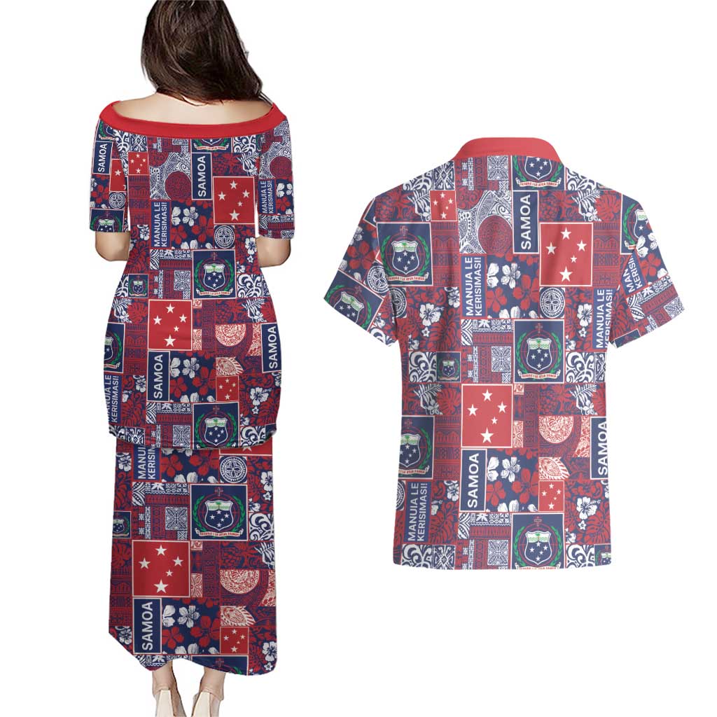 Red Samoa Manuia Le Kerisimasi Couples Matching Puletasi and Hawaiian Shirt Pacific Patchwork Xmas Vibes LT9 - Polynesian Pride