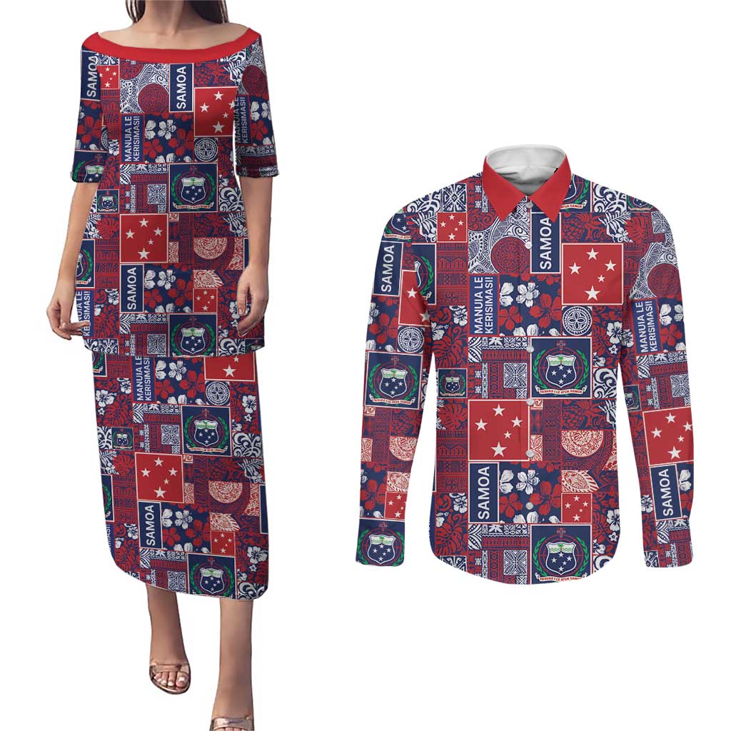 Red Samoa Manuia Le Kerisimasi Couples Matching Puletasi and Long Sleeve Button Shirt Pacific Patchwork Xmas Vibes LT9 Red - Polynesian Pride