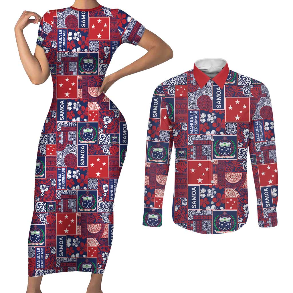 Red Samoa Manuia Le Kerisimasi Couples Matching Short Sleeve Bodycon Dress and Long Sleeve Button Shirt Pacific Patchwork Xmas Vibes LT9 Red - Polynesian Pride