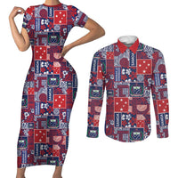 Red Samoa Manuia Le Kerisimasi Couples Matching Short Sleeve Bodycon Dress and Long Sleeve Button Shirt Pacific Patchwork Xmas Vibes LT9 Red - Polynesian Pride