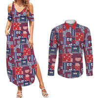 Red Samoa Manuia Le Kerisimasi Couples Matching Summer Maxi Dress and Long Sleeve Button Shirt Pacific Patchwork Xmas Vibes LT9 Red - Polynesian Pride