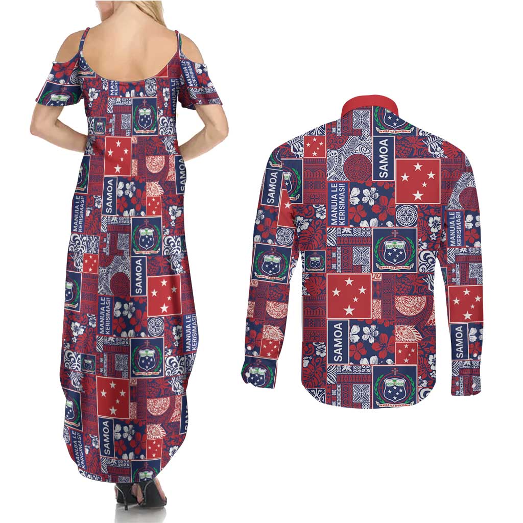 Red Samoa Manuia Le Kerisimasi Couples Matching Summer Maxi Dress and Long Sleeve Button Shirt Pacific Patchwork Xmas Vibes LT9 - Polynesian Pride