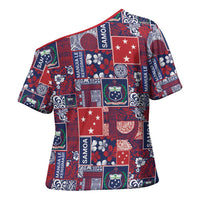 Red Samoa Manuia Le Kerisimasi Cross Shoulder Shirt Pacific Patchwork Xmas Vibes - Polynesian Pride