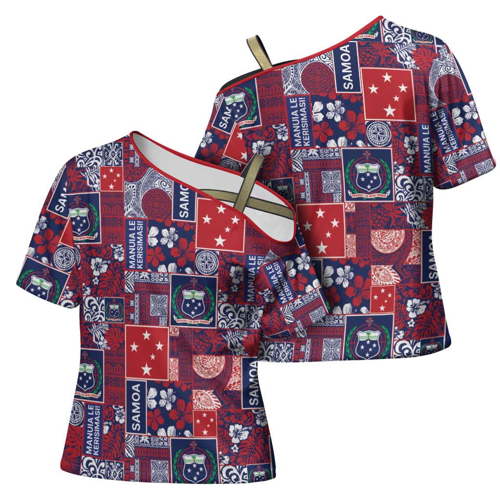 Red Samoa Manuia Le Kerisimasi Cross Shoulder Shirt Pacific Patchwork Xmas Vibes - Polynesian Pride