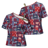 Red Samoa Manuia Le Kerisimasi Cross Shoulder Shirt Pacific Patchwork Xmas Vibes - Polynesian Pride