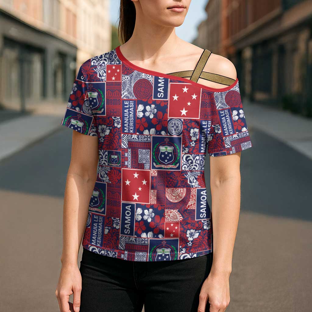 Red Samoa Manuia Le Kerisimasi Cross Shoulder Shirt Pacific Patchwork Xmas Vibes - Polynesian Pride