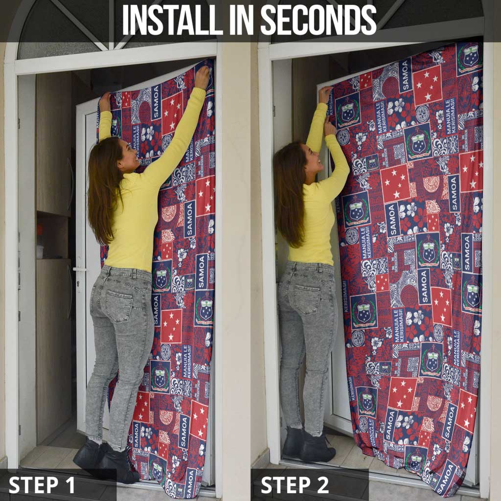 Red Samoa Manuia Le Kerisimasi Door Cover Pacific Patchwork Xmas Vibes - Polynesian Pride