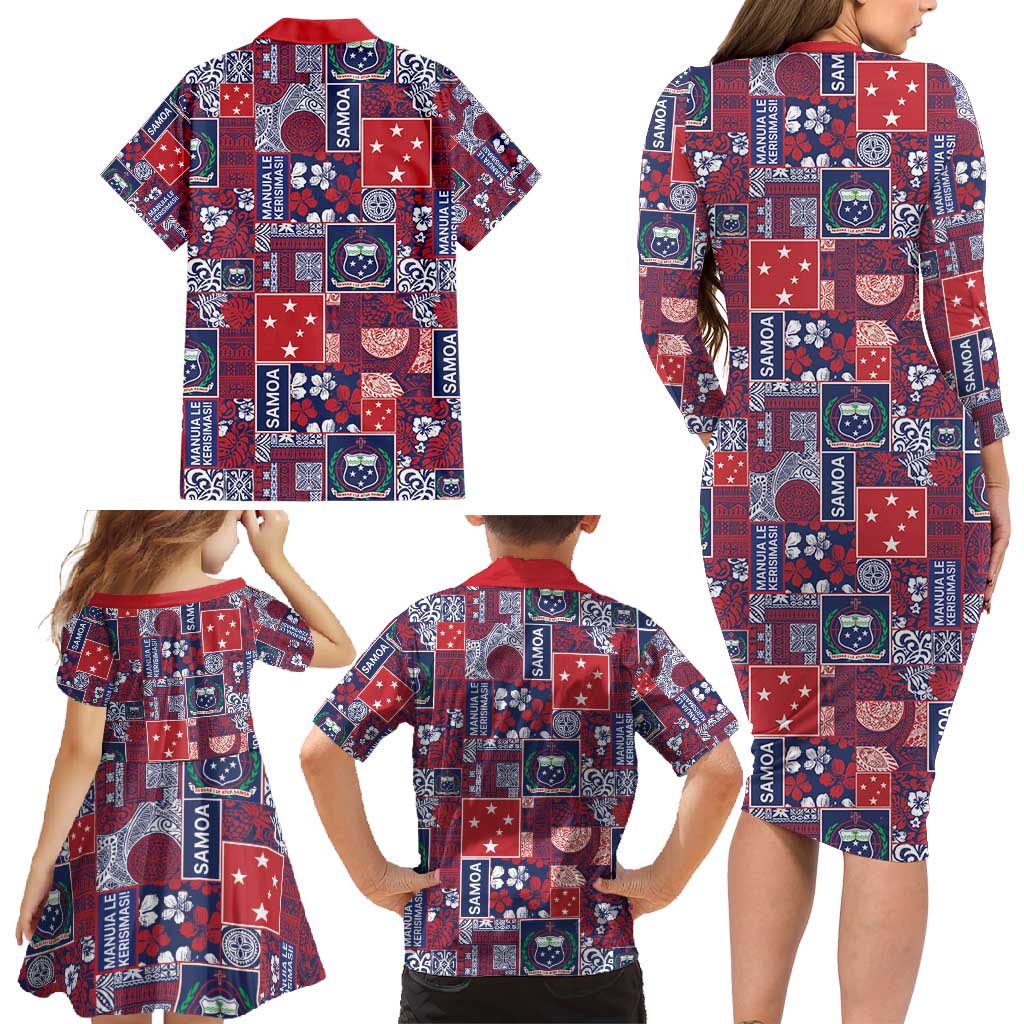 Red Samoa Manuia Le Kerisimasi Family Matching Long Sleeve Bodycon Dress and Hawaiian Shirt Pacific Patchwork Xmas Vibes - Polynesian Pride