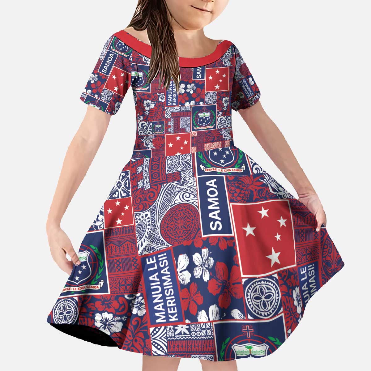 Red Samoa Manuia Le Kerisimasi Family Matching Off The Shoulder Long Sleeve Dress and Hawaiian Shirt Pacific Patchwork Xmas Vibes - Polynesian Pride